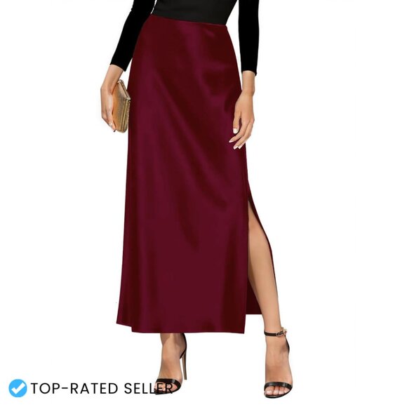 Satin Maxi Skirt High Waisted Side Split A-Line Elegant Flowy Party Wear
